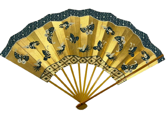“butterflies in gold – dance of elegance” handcrafted folding fan by jumatsuya fukui, kyoto(pre owned / boxed / no.10 butterflies in gold – dance of elegance)