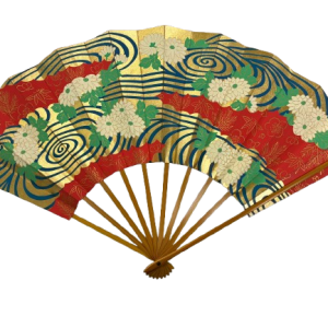 “golden stream – chrysanthemums in flow” handcrafted folding fan by jumatsuya fukui, kyoto(pre owned / boxed / no. 11 golden stream – chrysanthemums in flow )