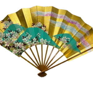 “golden breeze – blossoms over emerald hills” double sided handcrafted folding fan by jumatsuya fukui, kyoto(pre owned / no.14 golden breeze – blossoms over emerald hills )