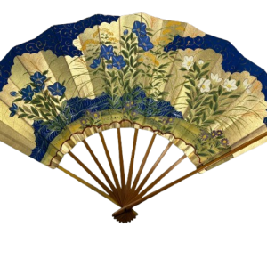 “azure flow – bellflowers & white lilies in gold” handcrafted folding fan by jumatsuya fukui, kyoto(pre owned / no.15 azure flow – bellflowers & white lilies in gold )