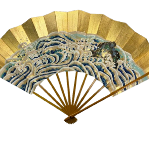 “the golden wave – power of the sea” handcrafted folding fan by jumatsuya fukui, kyoto(pre owned / boxed / no.19 the golden wave – power of the sea )