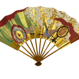 “golden heian elegance – blossoms and imperial carriage” handcrafted folding fan by jumatsuya fukui, kyoto(pre owned / boxed / no.22 golden heian elegance – blossoms and imperial carriage )