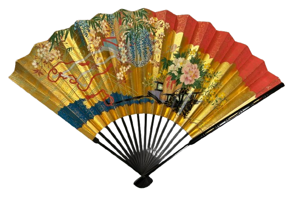 “courtly elegance – imperial procession & blossoms” luxury handcrafted folding fan by jumatsuya fukui, kyoto(pre owned / boxed / no.8 courtly elegance – imperial procession & blossoms )