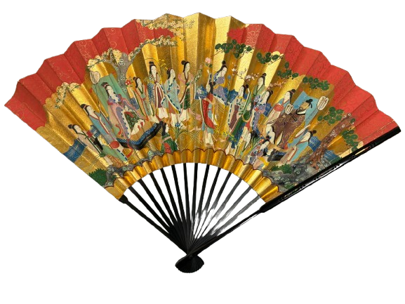 “courtly elegance – imperial procession & blossoms” luxury handcrafted folding fan by jumatsuya fukui, kyoto(pre owned / boxed / no.8 courtly elegance – imperial procession & blossoms )
