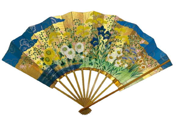 “azure garden – blossoms of kyoto elegance” handcrafted folding fan by jumatsuya fukui, kyoto(pre owned / boxed / no. 9 azure garden – blossoms of kyoto elegance )