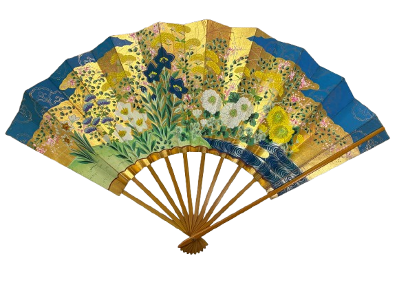 “azure garden – blossoms of kyoto elegance” handcrafted folding fan by jumatsuya fukui, kyoto(pre owned / boxed / no. 9 azure garden – blossoms of kyoto elegance )