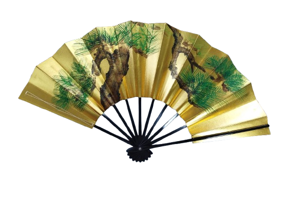 Golden Pine Japanese Folding Fan — Traditional Hand-Painted Art (Pre-Owned /No.31B ) - 画像 (2)