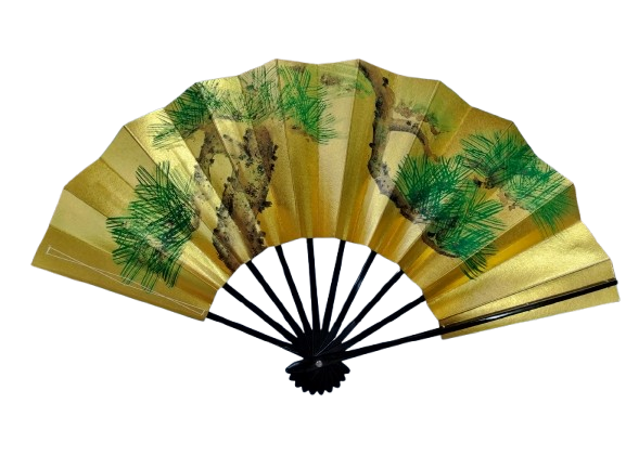 Golden Pine Japanese Folding Fan — Traditional Hand-Painted Art (Pre-Owned /No.31B )