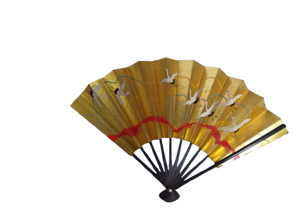 Golden Crane Japanese Folding Fan — Traditional Auspicious Art(Pre-Owned /No.39J )