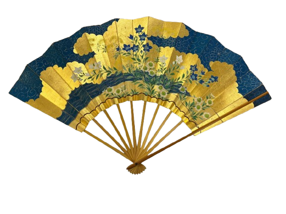 “azure blossoms – the harmony of gold and blue” handcrafted folding fan by jumatsuya fukui, kyoto(pre owned / boxed / no.24 azure blossoms – the harmony of gold and blue