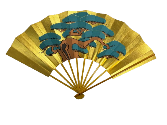 “golden pine – the symbol of longevity” handcrafted folding fan by jumatsuya fukui, kyoto(pre owned / boxed / no.26 golden pine – the symbol of longevity )