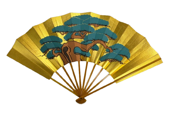 “golden pine – the symbol of longevity” handcrafted folding fan by jumatsuya fukui, kyoto(pre owned / boxed / no.26 golden pine – the symbol of longevity )