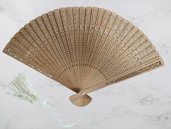Hand-Carved Wooden Japanese Folding Fan — Intricate Openwork Design with Tassel(Pre-Owned /No. 42 )