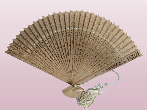 Premium Hand-Carved Wooden Japanese Folding Fan — Fine Lacework Design with Tassel(Pre-Owned /No. 43 ) - 画像 (2)