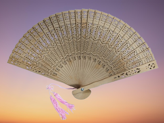 Hand-Carved Wooden Japanese Folding Fan — Lacework Design with Pink Tassel(Pre-Owned /No. 44 ) - 画像 (2)