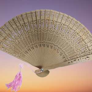 Hand-Carved Wooden Japanese Folding Fan — Lacework Design with Pink Tassel(Pre-Owned /No. 44 )